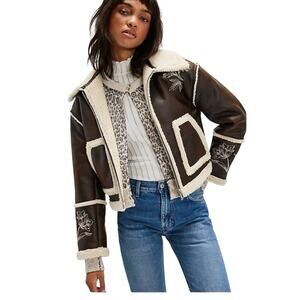 Free People Driftwood Sundance Silas Shearling Jacket Etched Embroidered Coat S